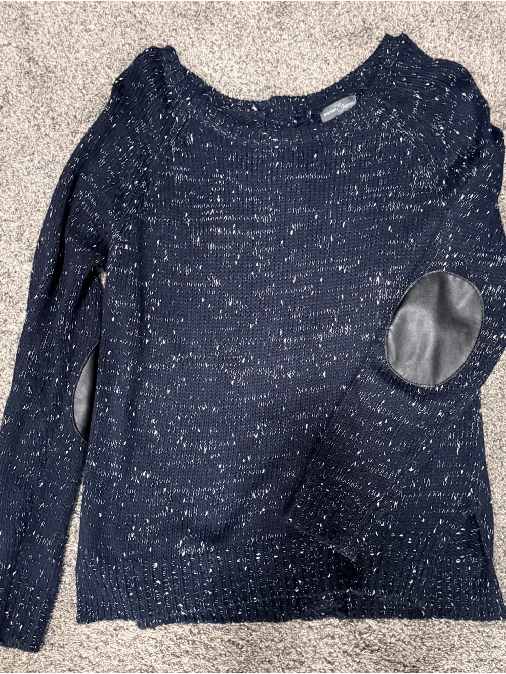 Market & Spruce Navy Speckled Crewneck Sweater with Elbow Patches